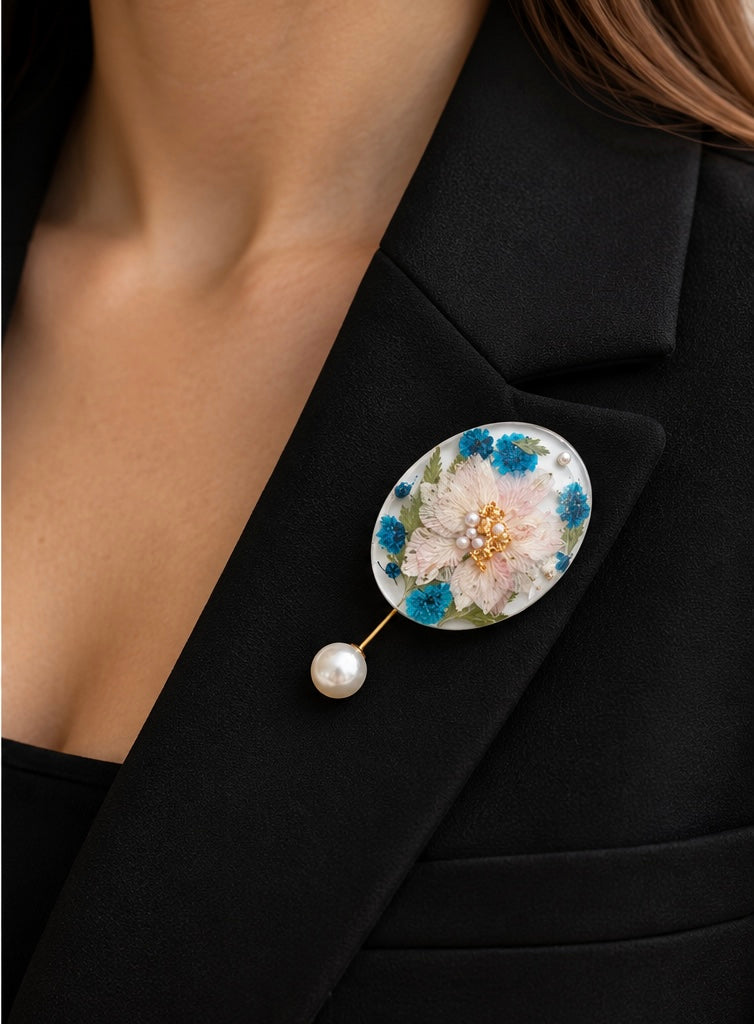 Pink & Blue Floral Resin Brooch with Pearl Pin