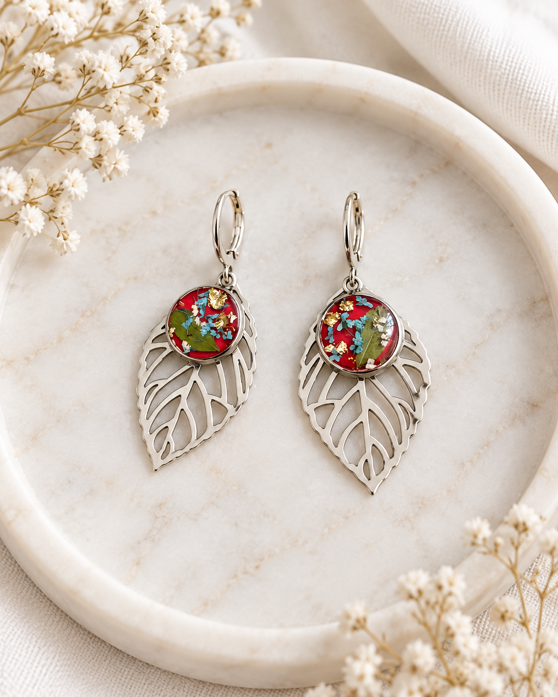 Botanical Leaf Resin Earrings with Silver-Plated Details