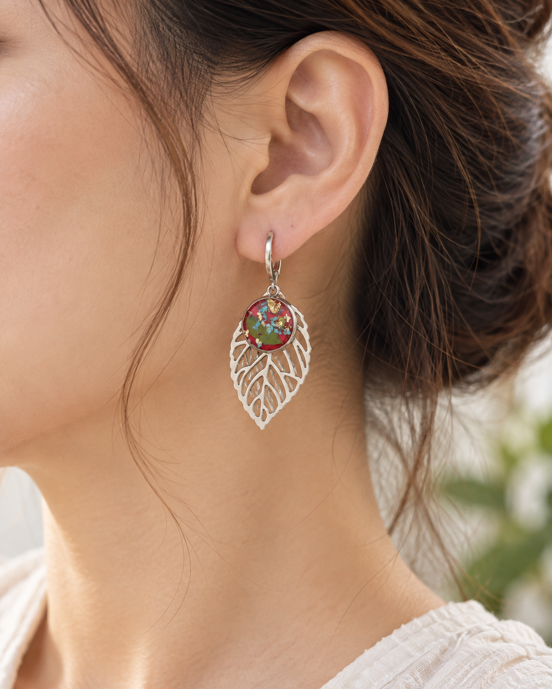 Botanical Leaf Resin Earrings with Silver-Plated Details