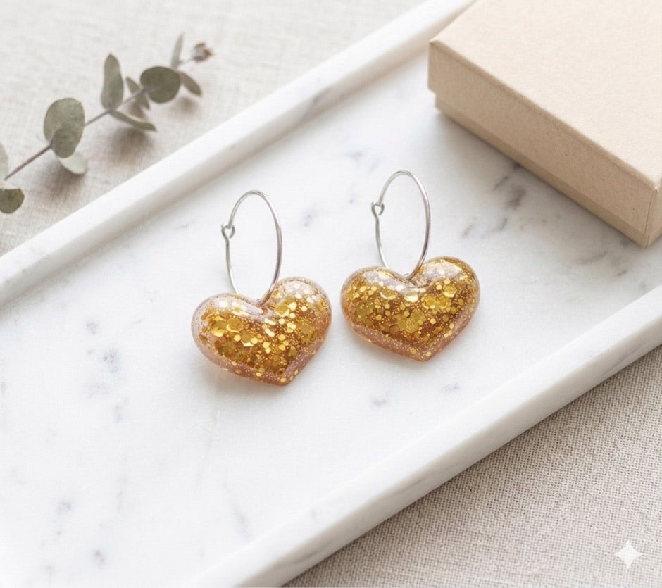 Custom Glitter Heart Resin Hoop Earrings