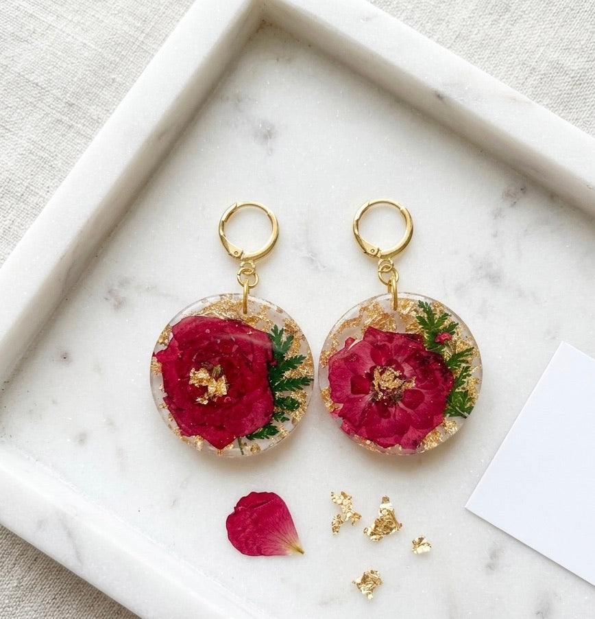 Red Floral Resin Hoop Earrings with Gold Flakes