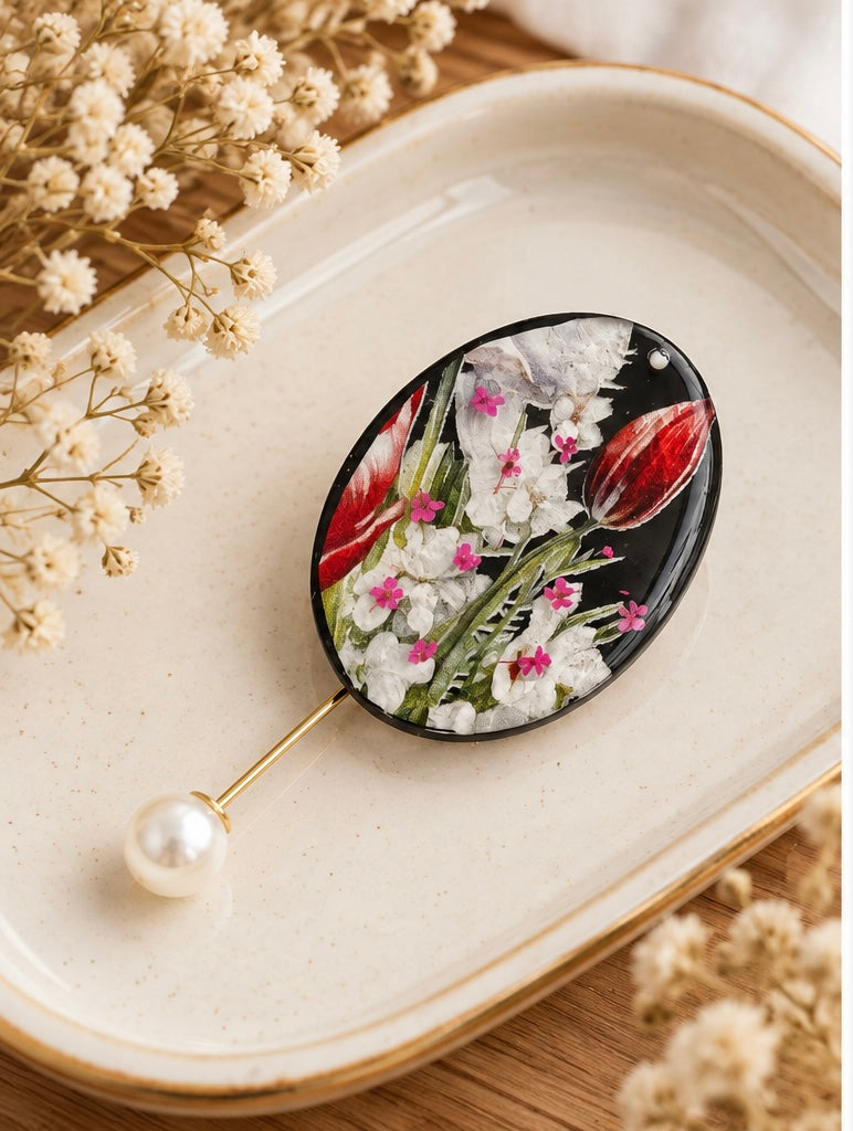 Botanical Resin Brooch with Pink Floral Details