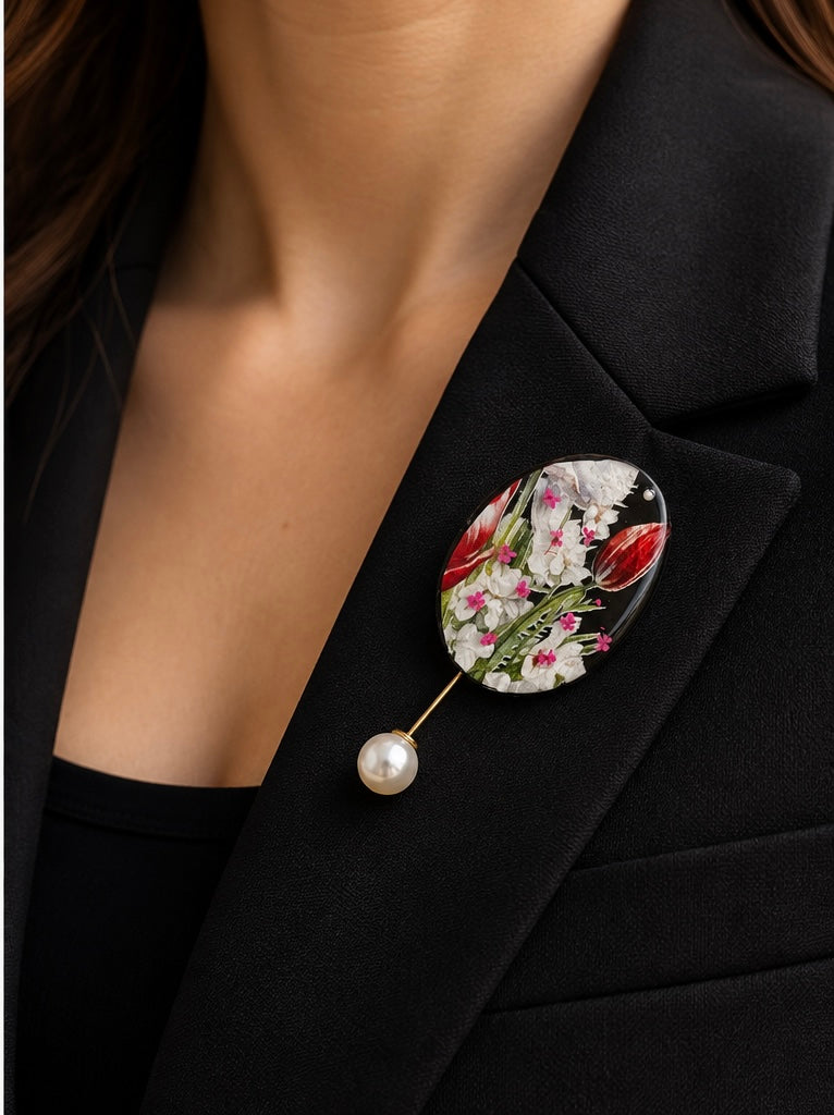 Botanical Resin Brooch with Pink Floral Details