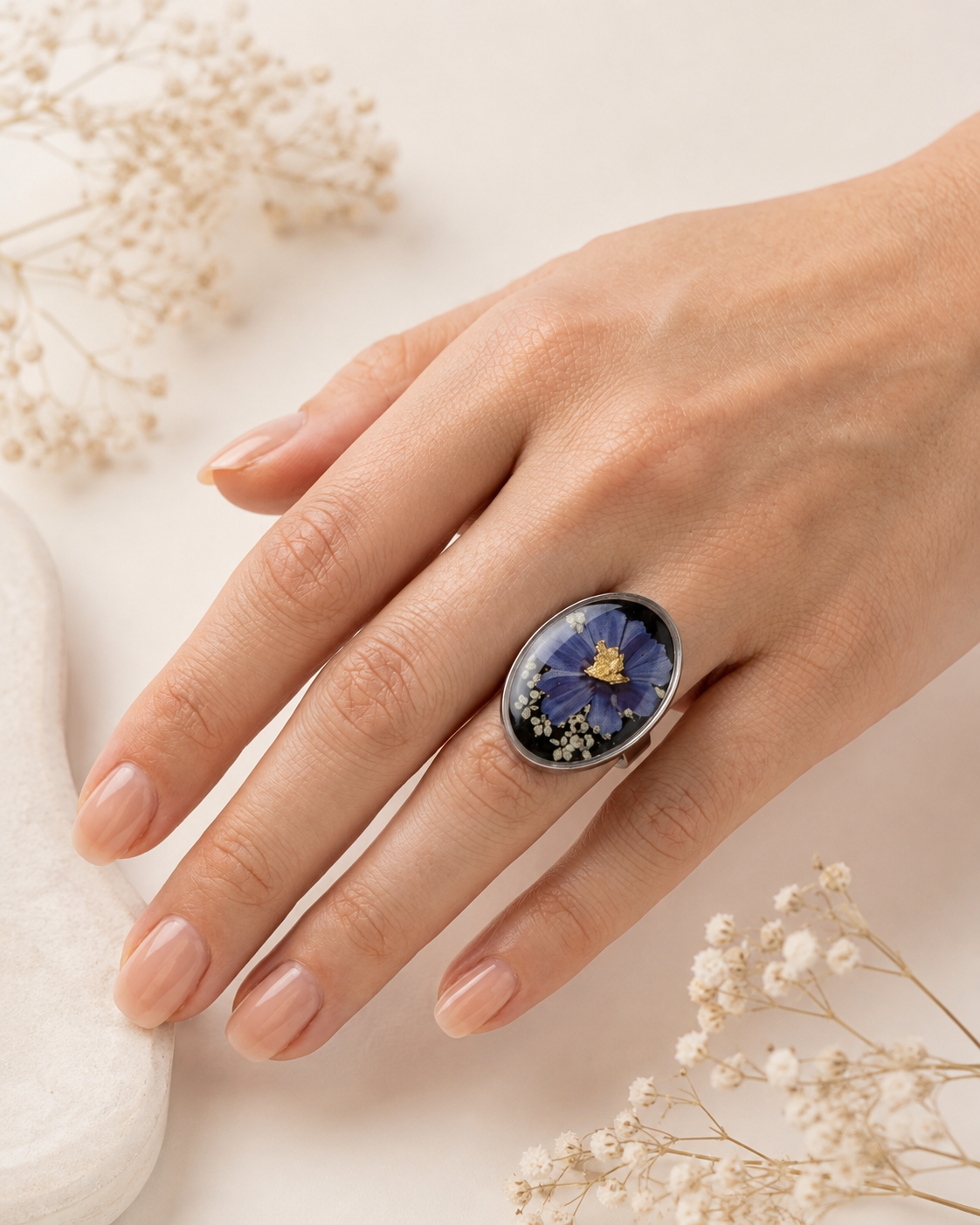Silver-Tone Stainless Steel Ring with Pressed Blue Flower