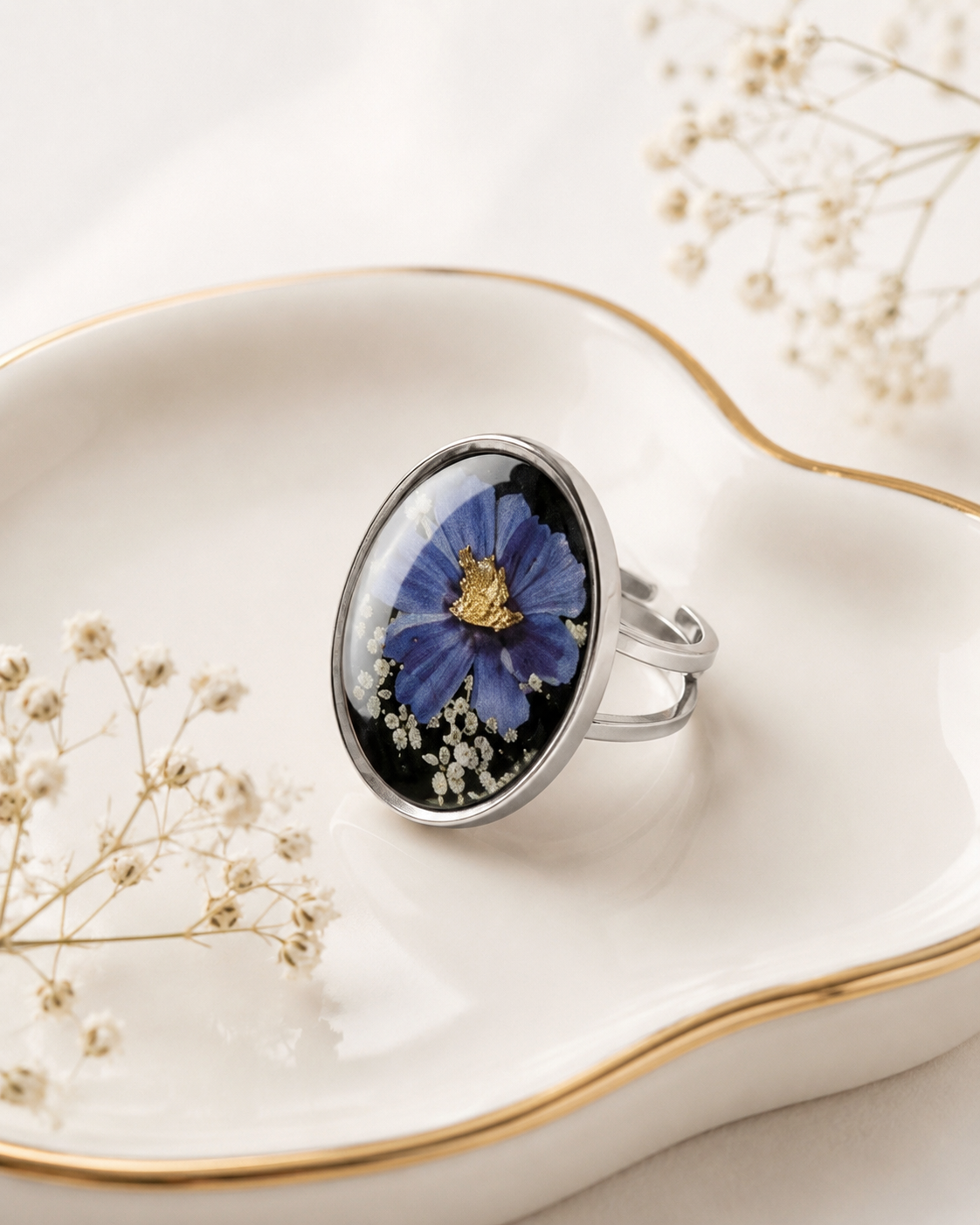 Silver-Tone Stainless Steel Ring with Pressed Blue Flower