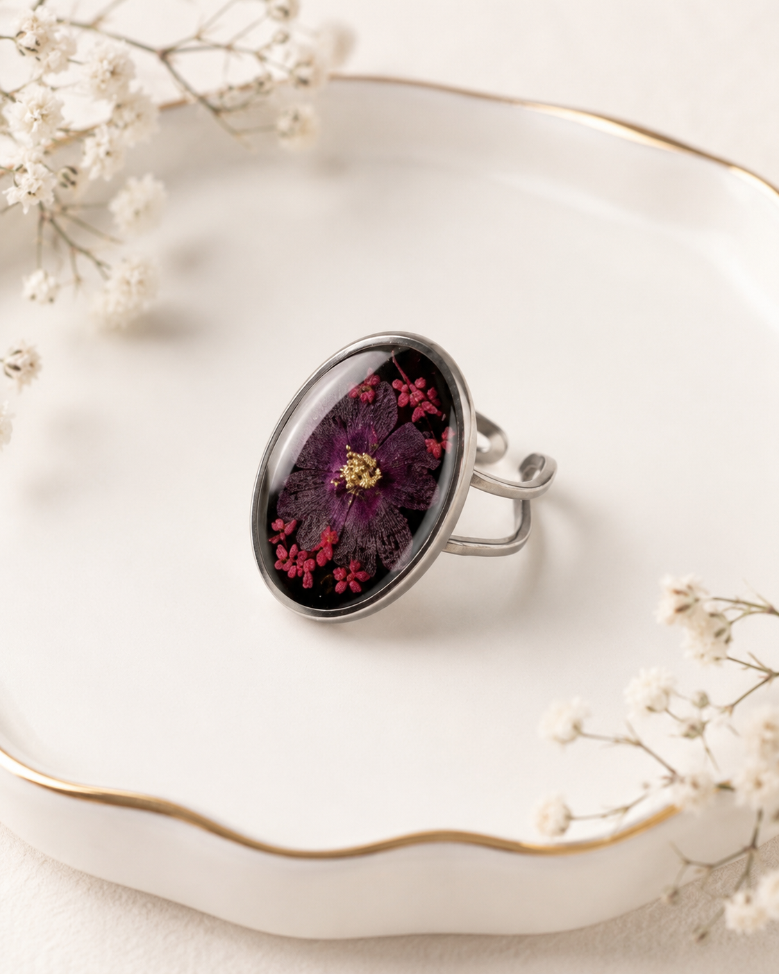 Silver-Tone Stainless Steel Ring with Pressed Purple Flowers