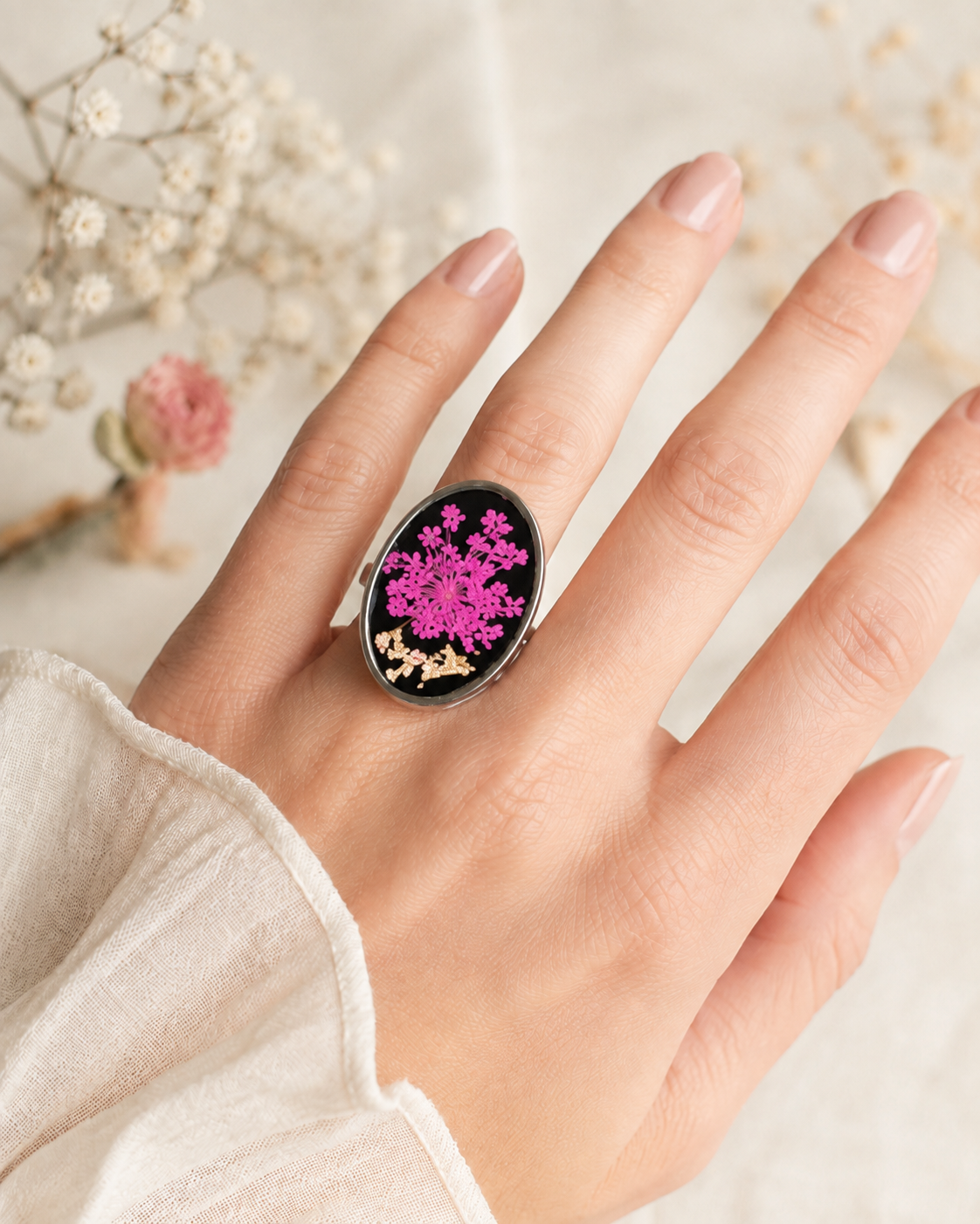 Silver-Tone Stainless Steel Ring with Pink Pressed Flowers