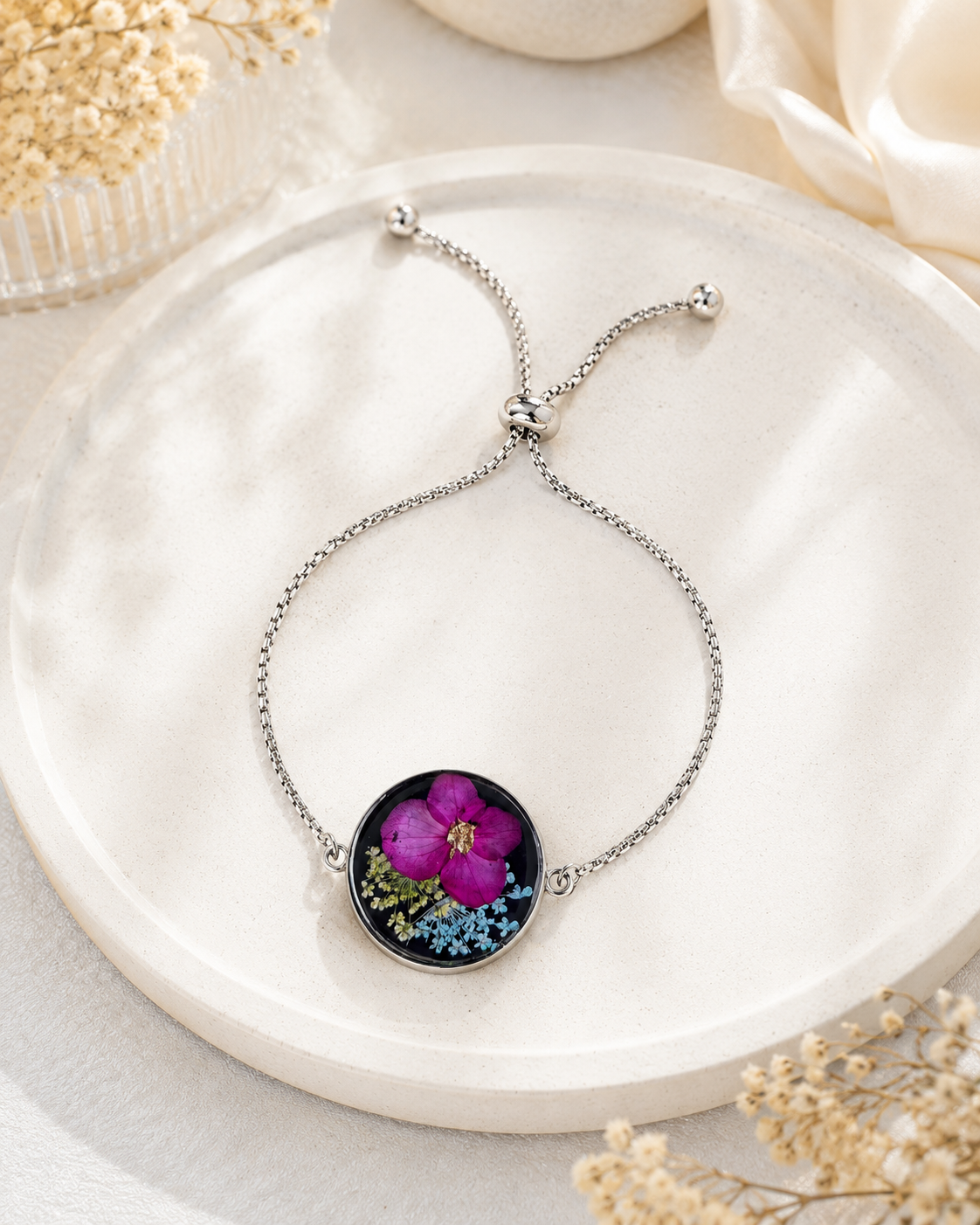 Stainless Steel Bracelet with Pressed Flowers