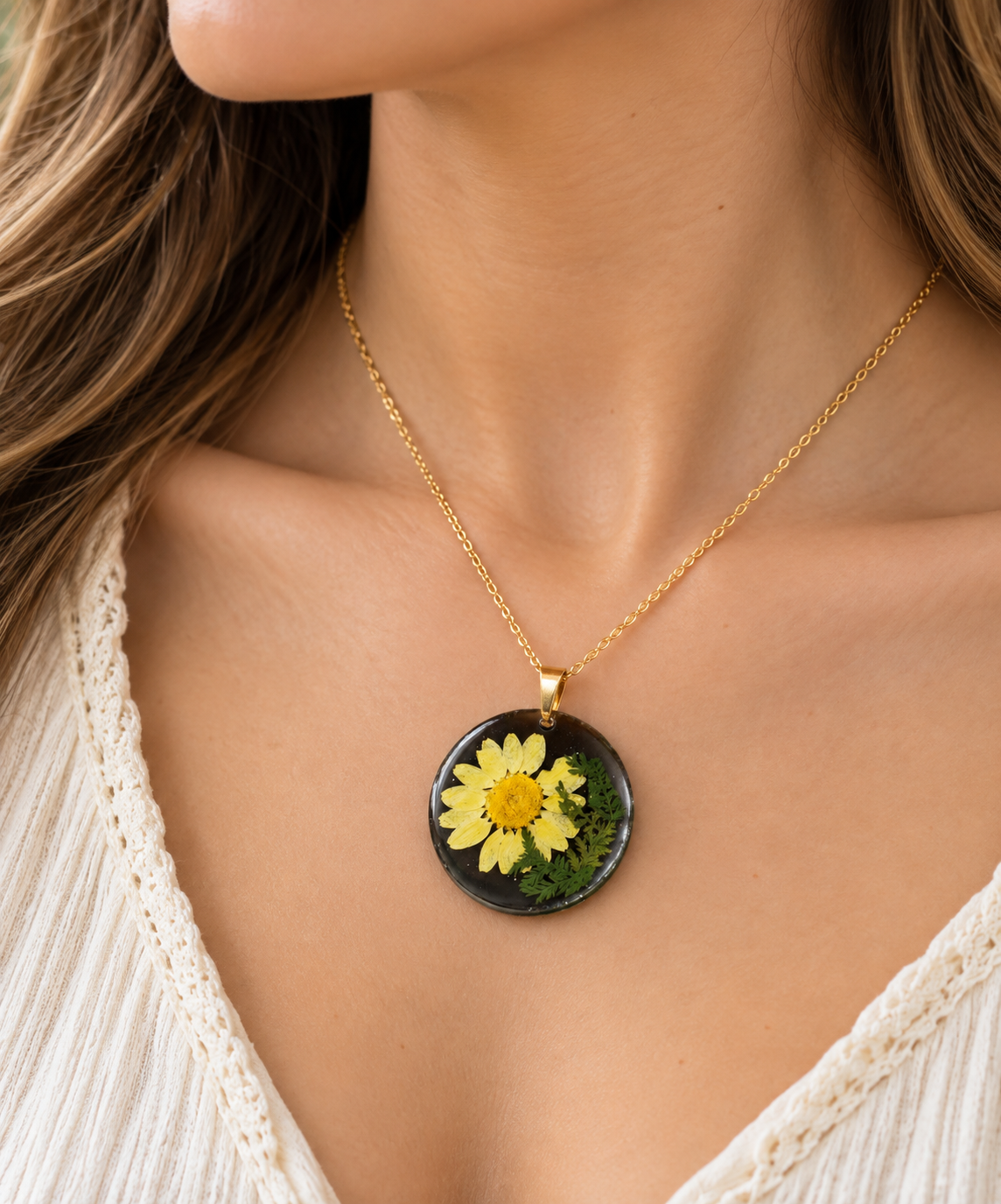 Yellow Daisy & Fern Resin Pendant
