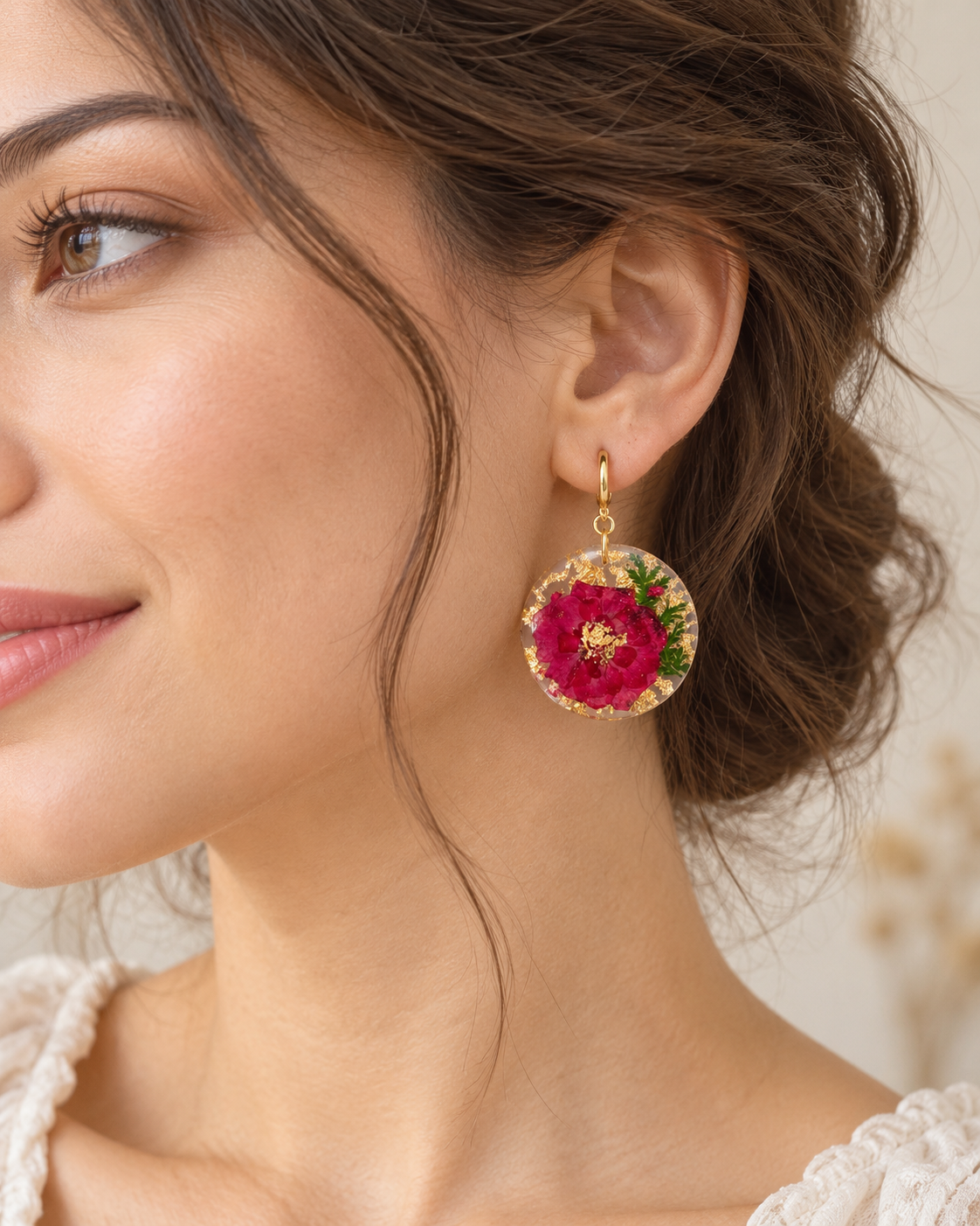 Red Floral Resin Hoop Earrings with Gold Flakes
