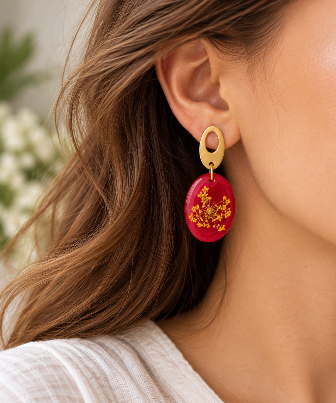 Red Botanical Oval Earrings with Yellow Flowers