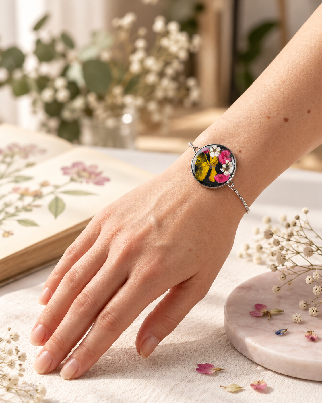 Yellow & Pink Floral Resin Adjustable Bracelet