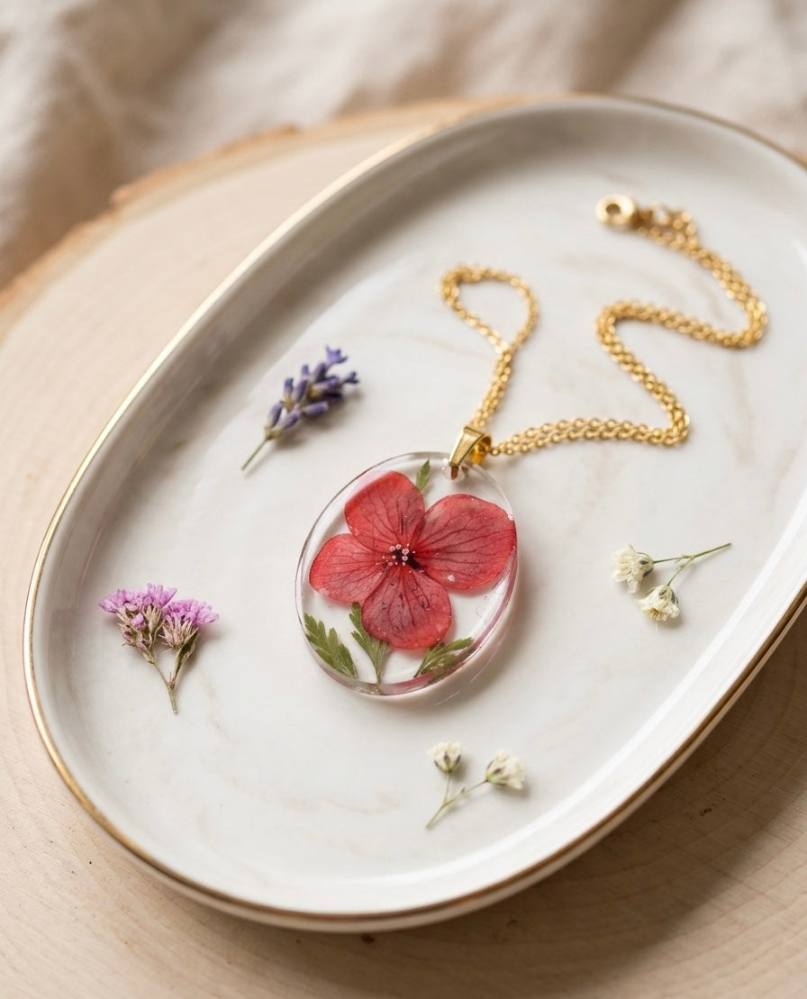 Red Hydrangea Oval Resin Pendant