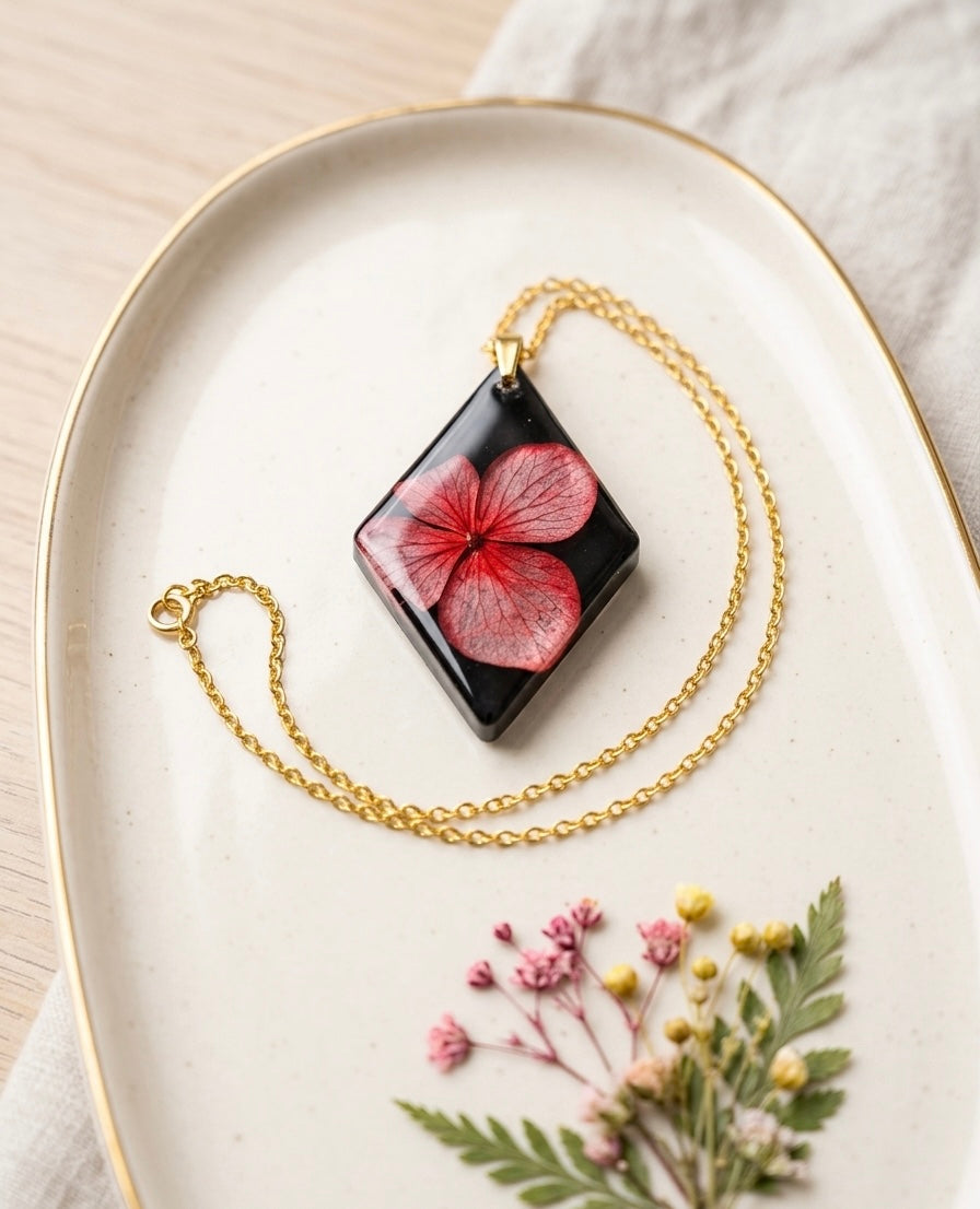 Red Hydrangea Diamond Resin Pendant