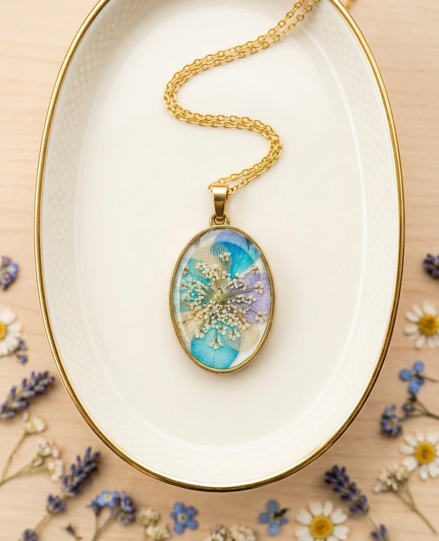Blue & Lavender Botanical Oval Resin Pendant