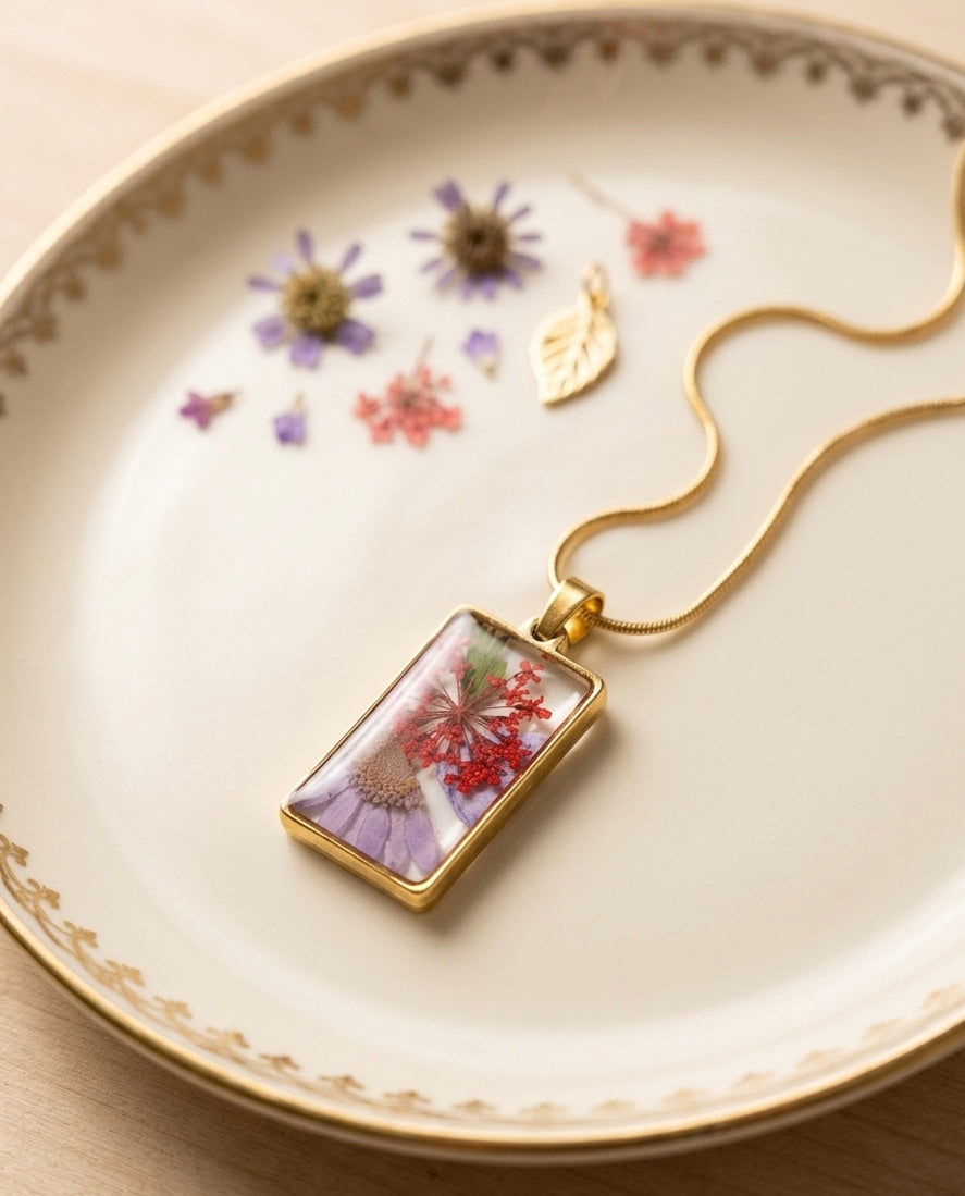 Floral Geometry Rectangle Resin Pendant