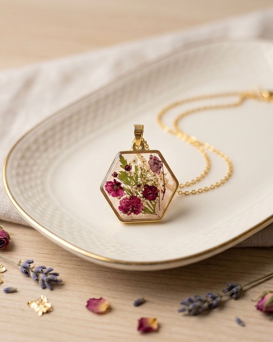 Pressed Wildflower Hexagon Resin Pendant
