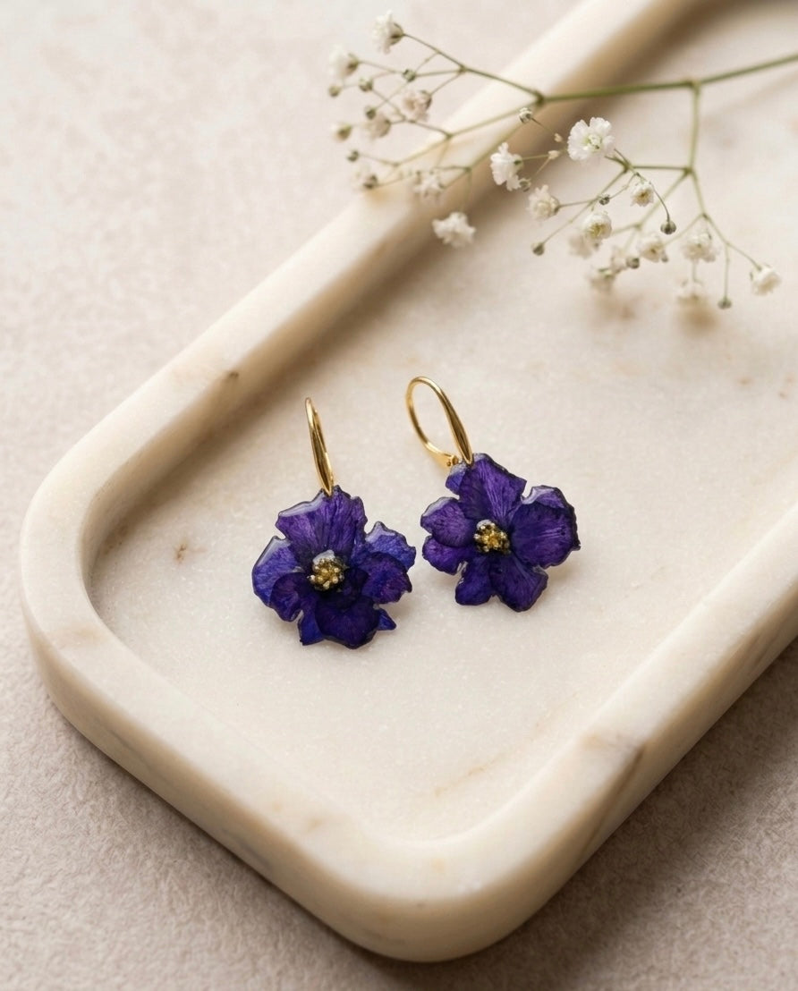 Golden Violet Bloom Resin Earrings