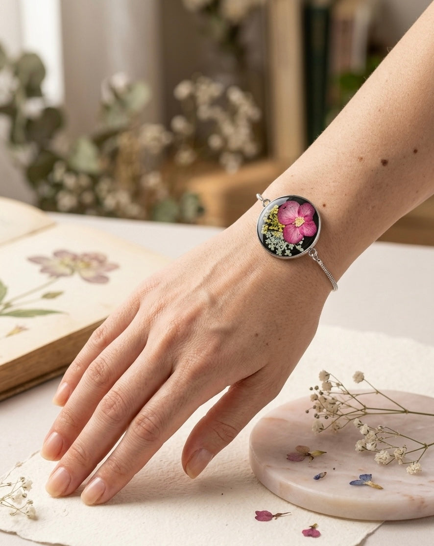 Stainless Steel Bracelet with Pressed Flowers