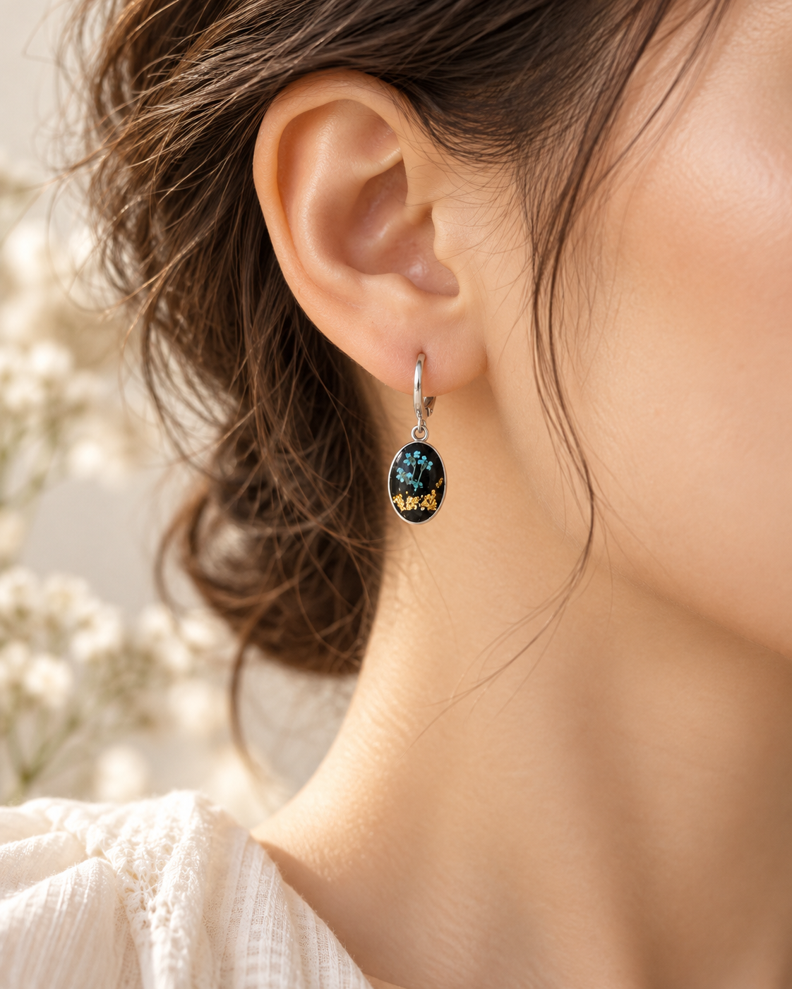 Blue Botanical Resin Earrings with Gold Flakes