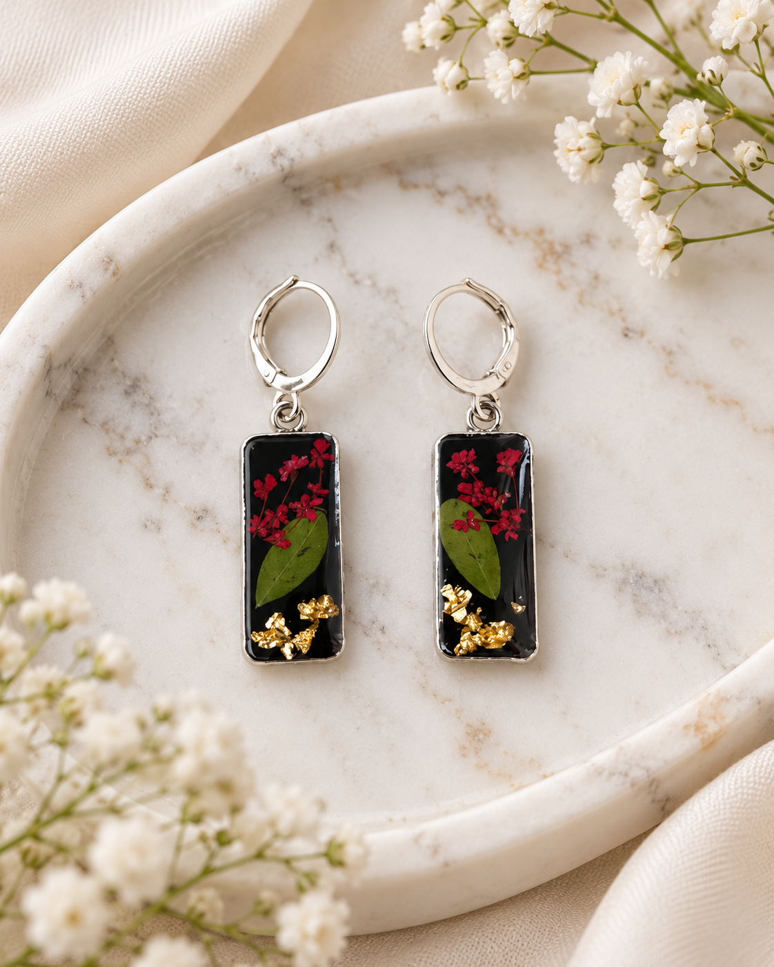 Red Botanical Rectangle Resin Earrings