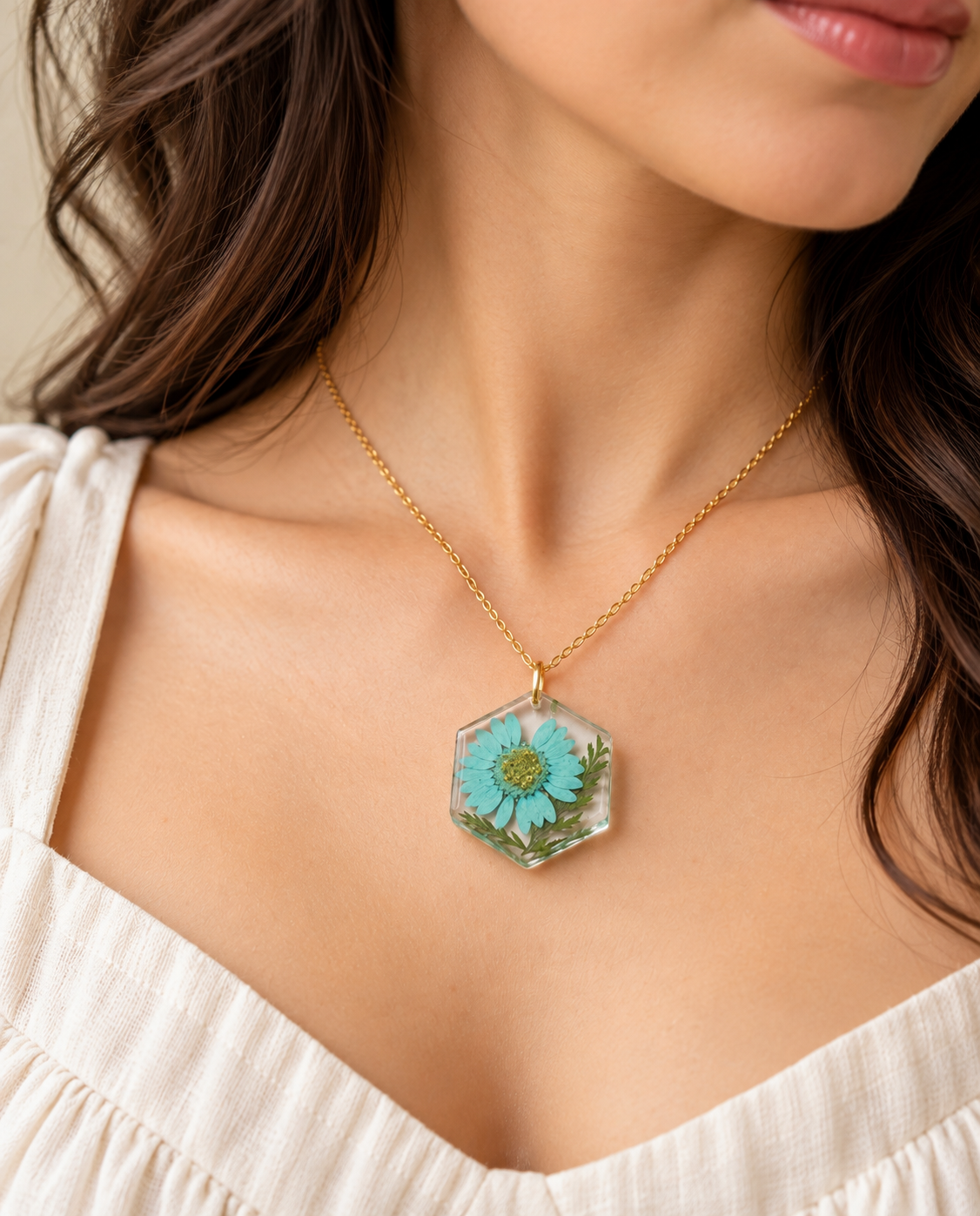 Blue Daisy Hexagon Resin Pendant