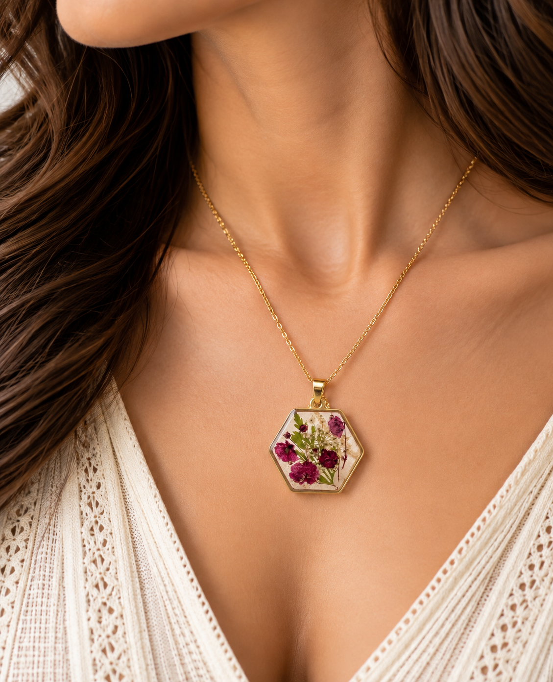 Pressed Wildflower Hexagon Resin Pendant