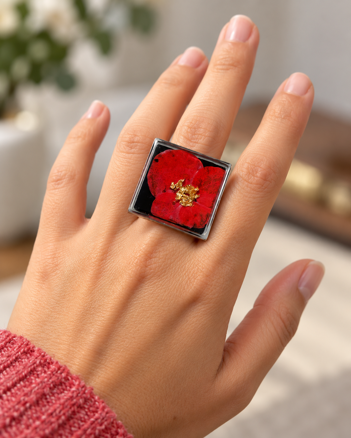 Red Flower Square Resin Adjustable Ring