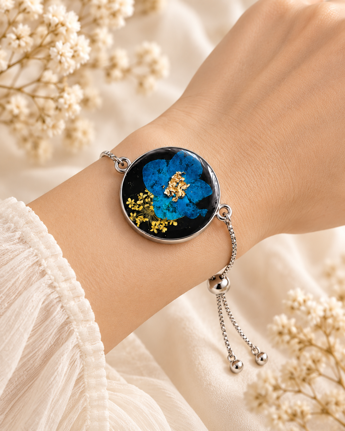 Blue Botanical Adjustable Resin Bracelet