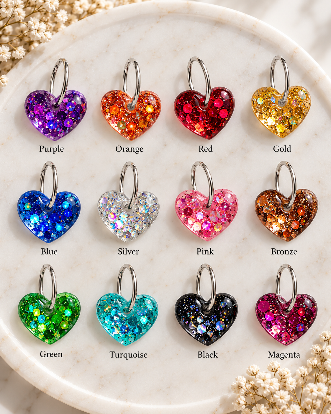 Custom Glitter Heart Resin Hoop Earrings