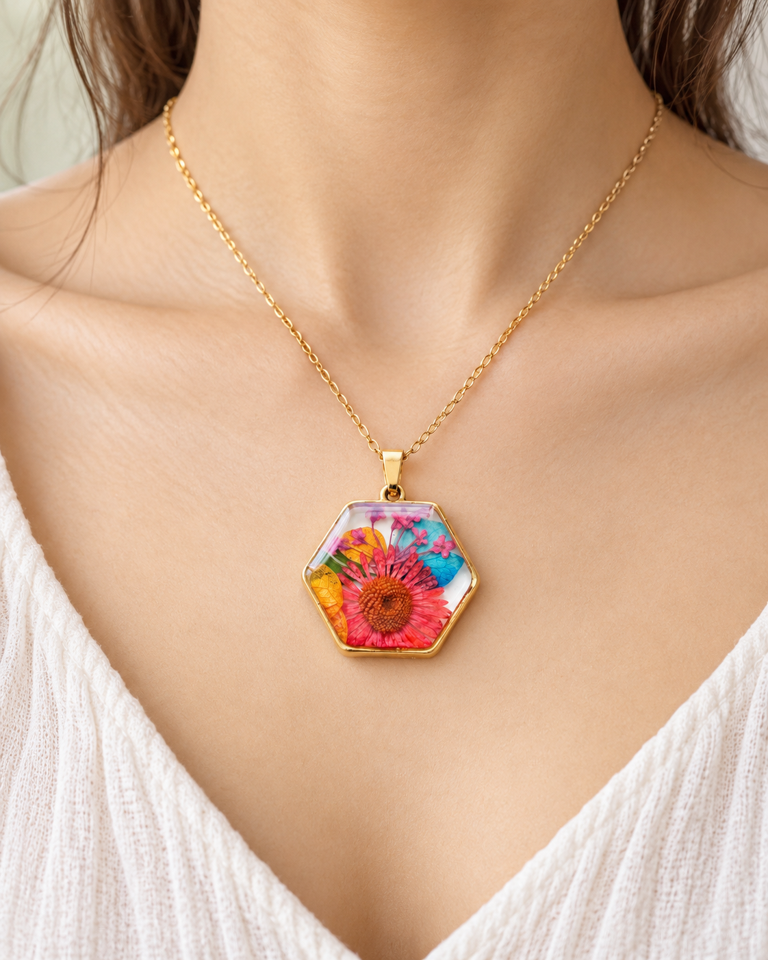 Floral Hexagon Resin Pendant