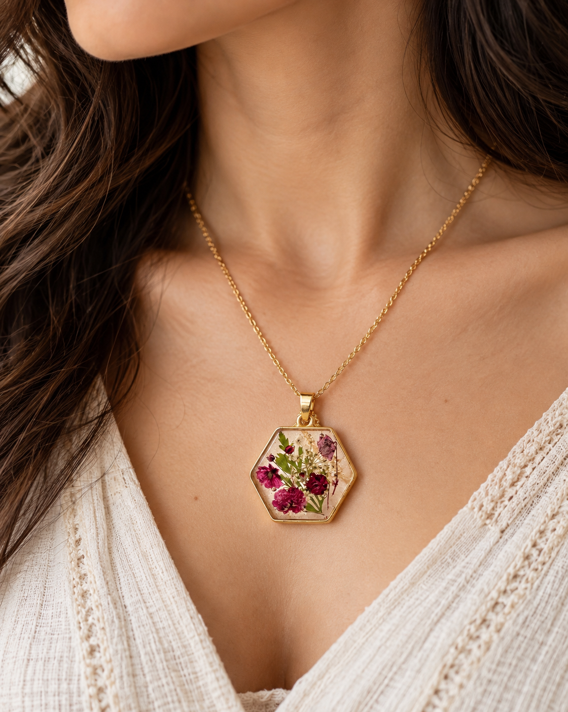 Pressed Wildflower Hexagon Resin Pendant