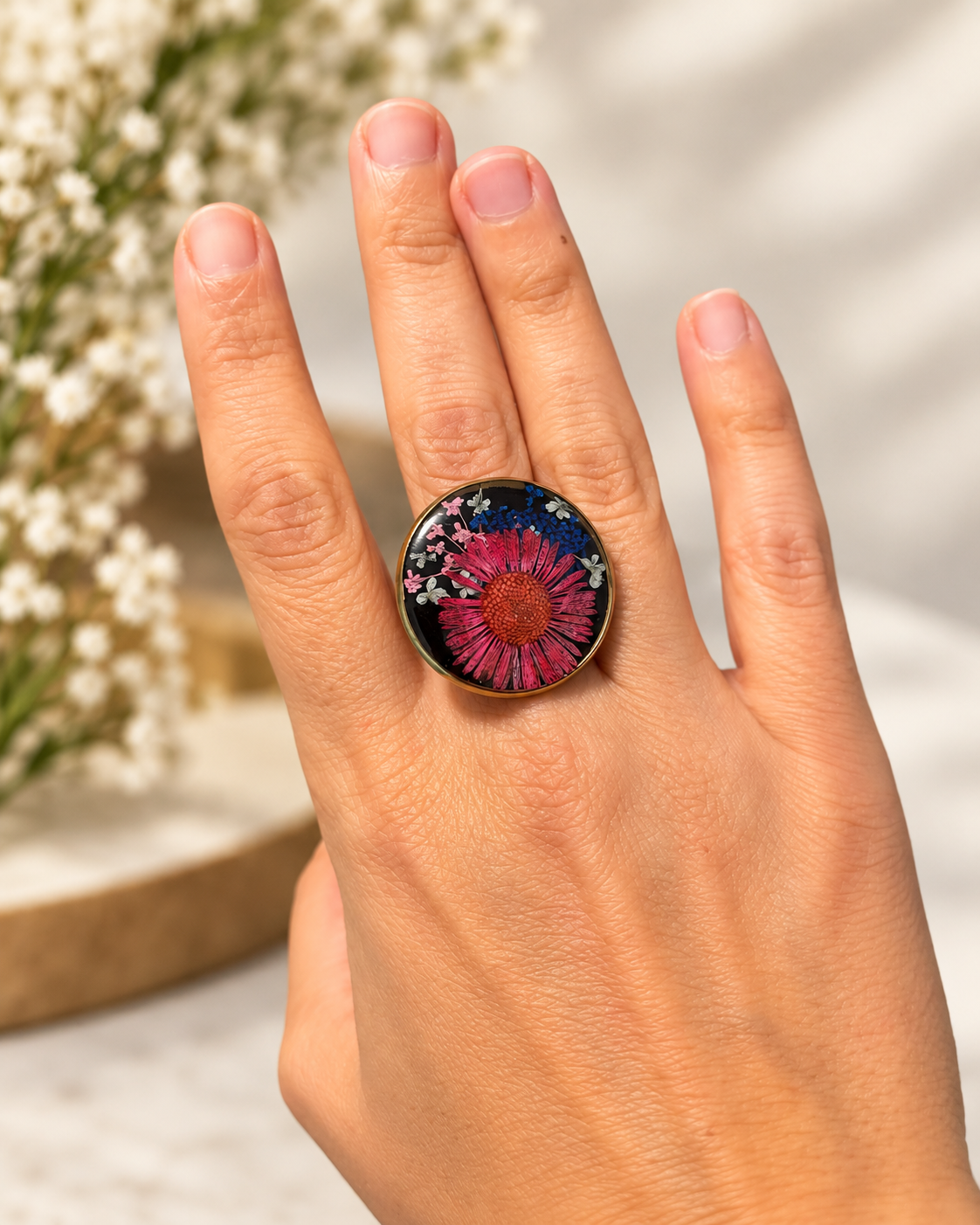 Pink Daisy Botanical Oval Resin Adjustable Ring