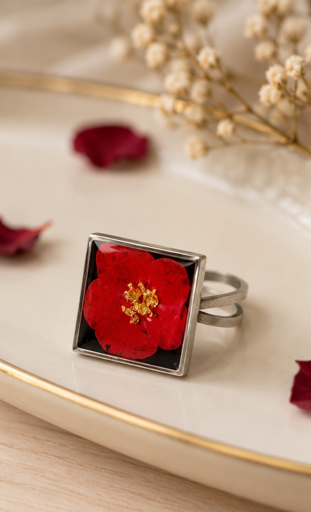 Red Flower Square Resin Adjustable Ring