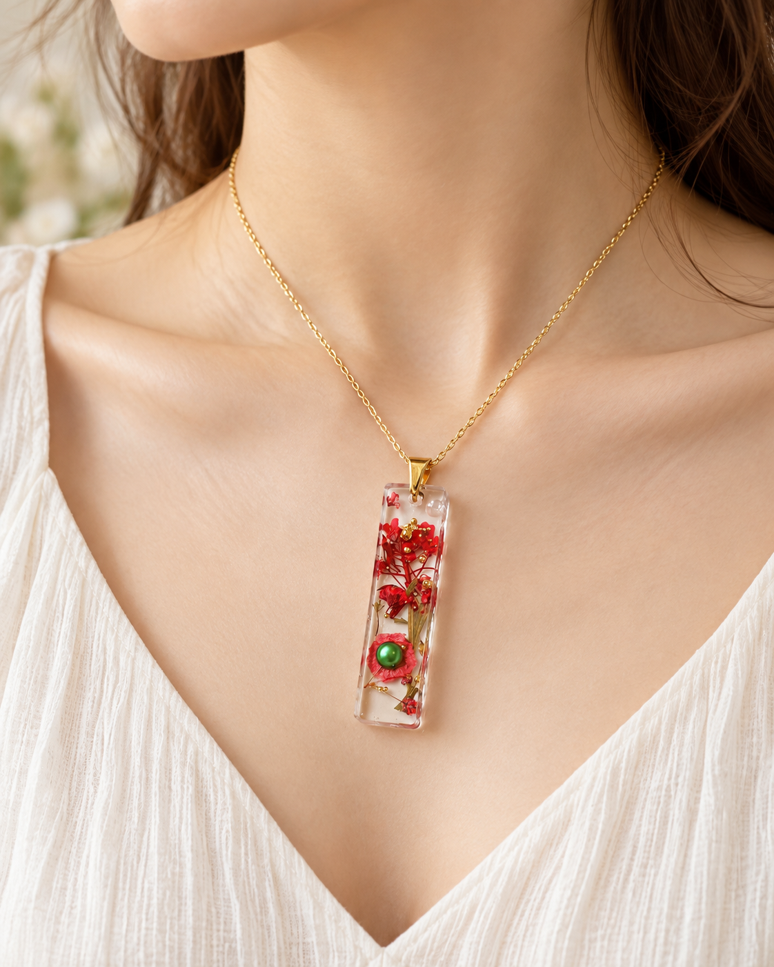 Red Botanical Bar Resin Pendant