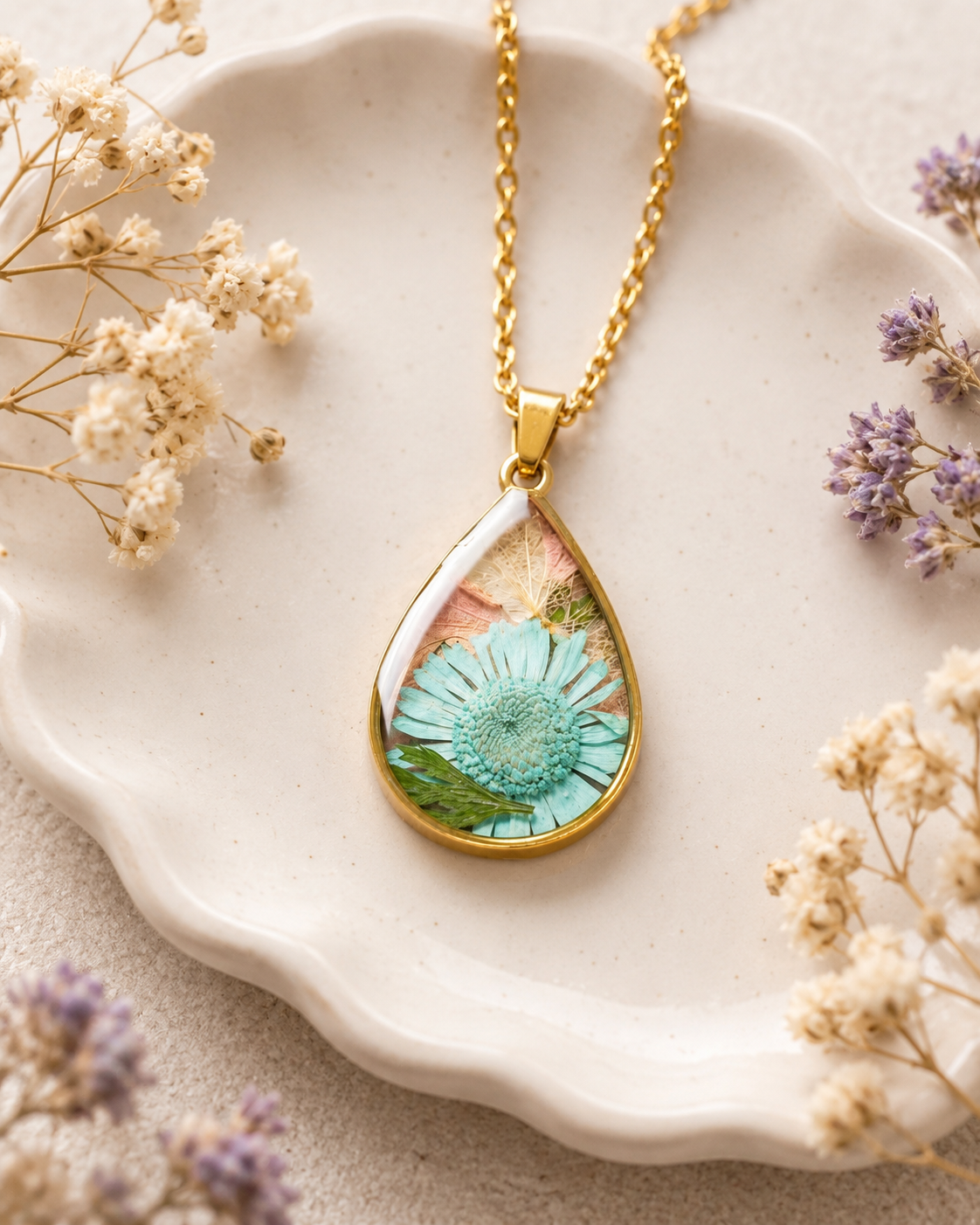 Blue Daisy Teardrop Resin Pendant