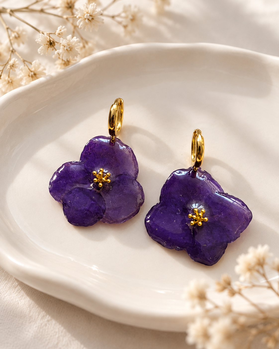 Deep Violet Natural Flower Resin Earrings