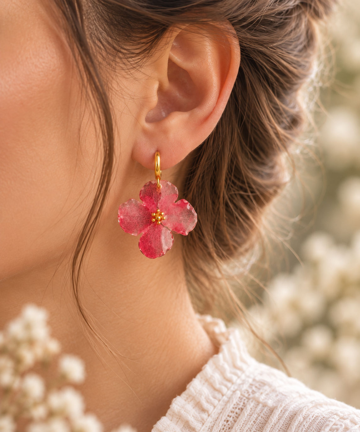 Ruby Red Natural Flower Resin Earrings