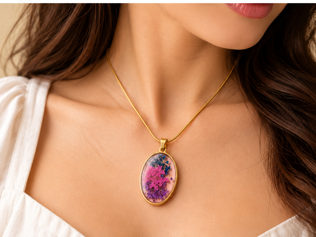 Pink & Purple Botanical Oval Resin Pendant