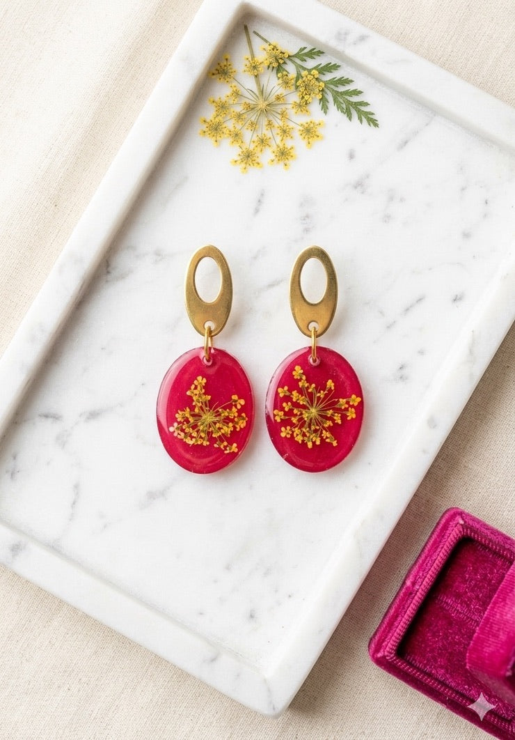 Red Botanical Oval Earrings with Yellow Flowers