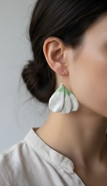 White & Green Polymer Clay Floral Earrings