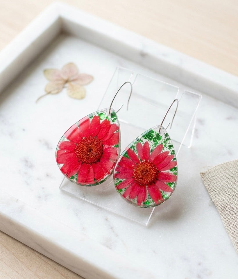 Red Daisy Resin Earrings with Green Glitter Hoops