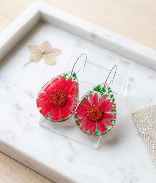 Red Daisy Resin Earrings with Green Glitter Hoops