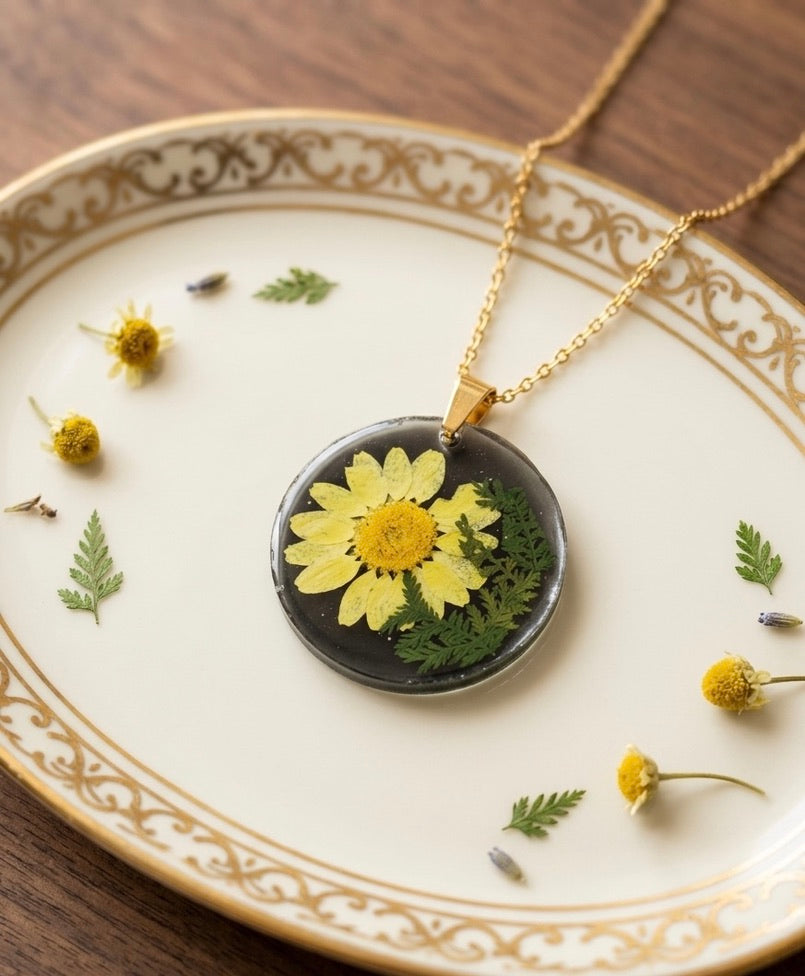 Yellow Daisy & Fern Resin Pendant