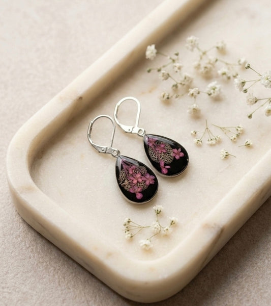 Pink Floral Teardrop Resin Earrings