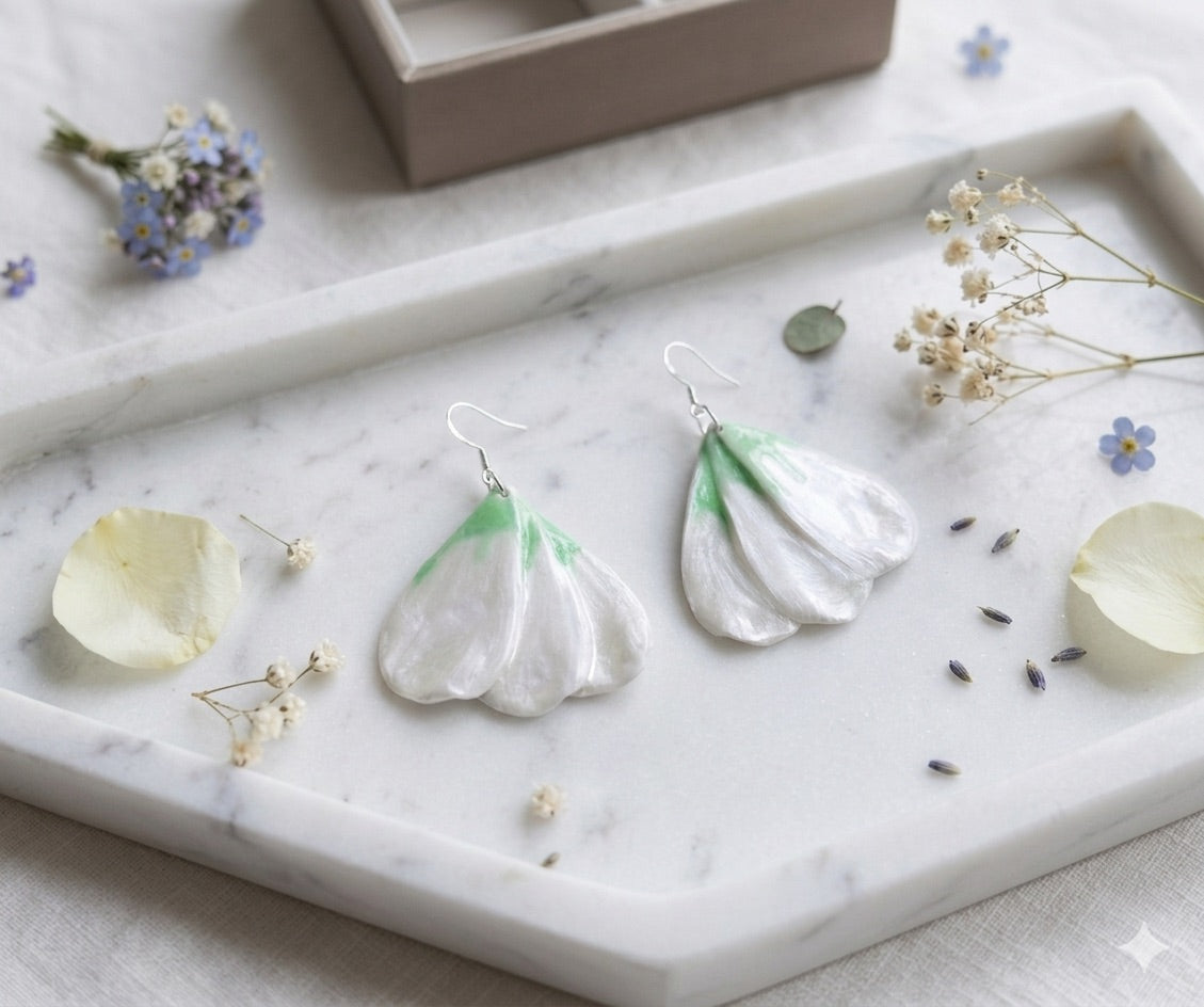 White & Green Polymer Clay Floral Earrings