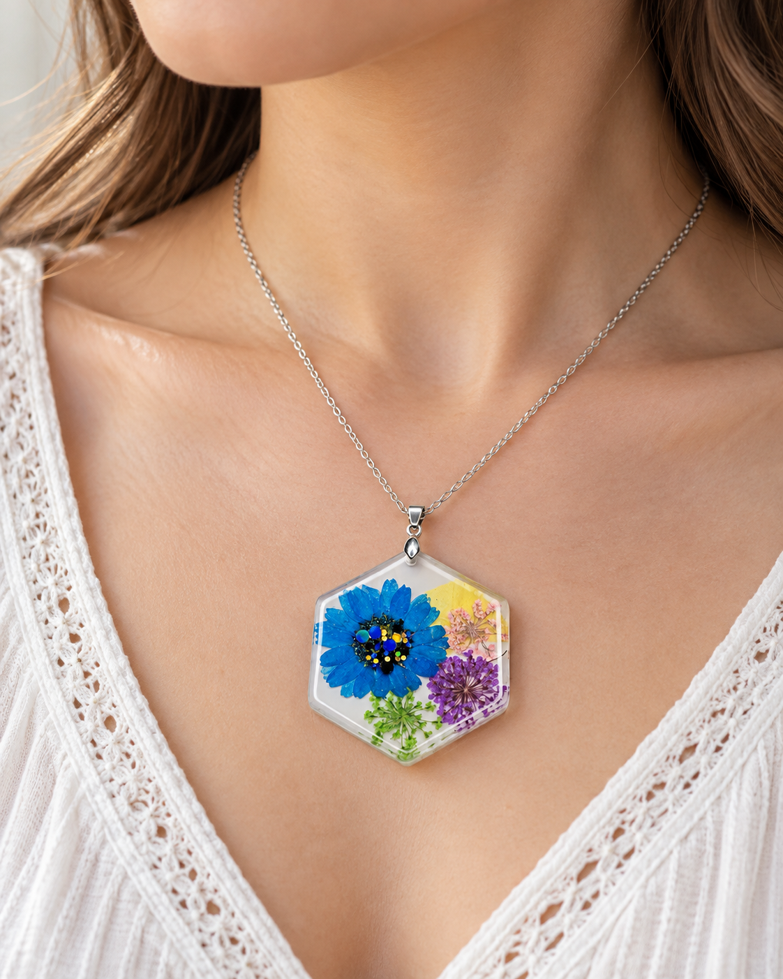 Blue Floral Hexagon Resin Pendant