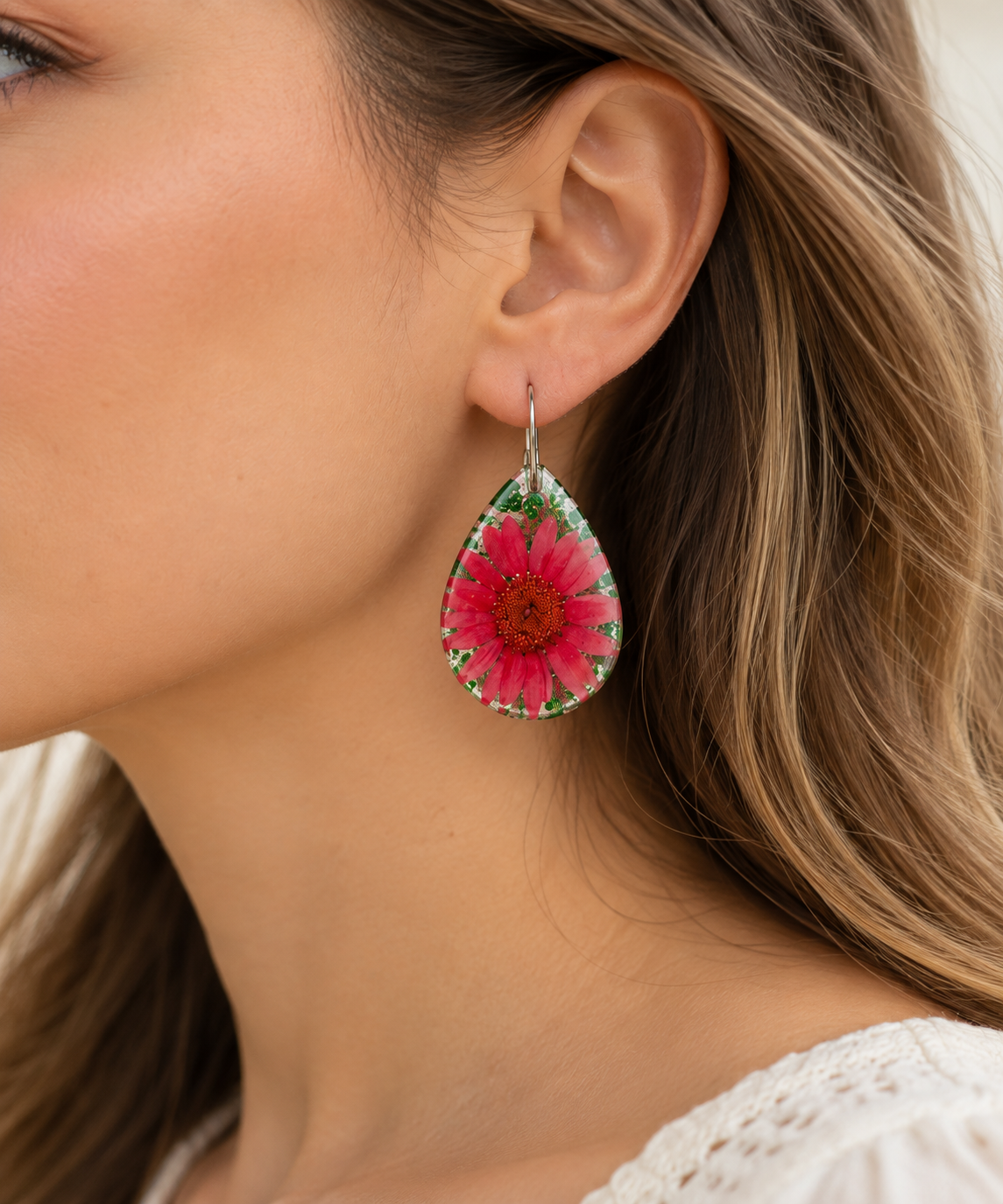 Red Daisy Resin Earrings with Green Glitter Hoops