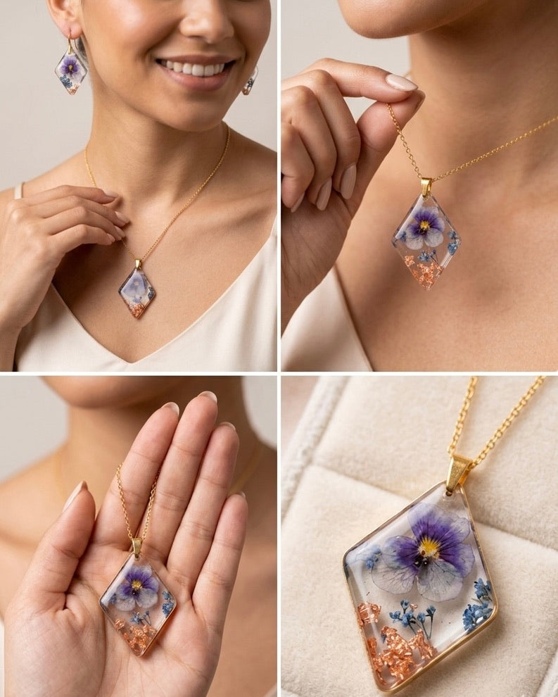 Pressed Flower Resin Jewelry Set – Necklace & Earrings