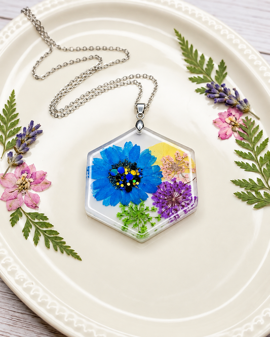 Blue Floral Hexagon Resin Pendant